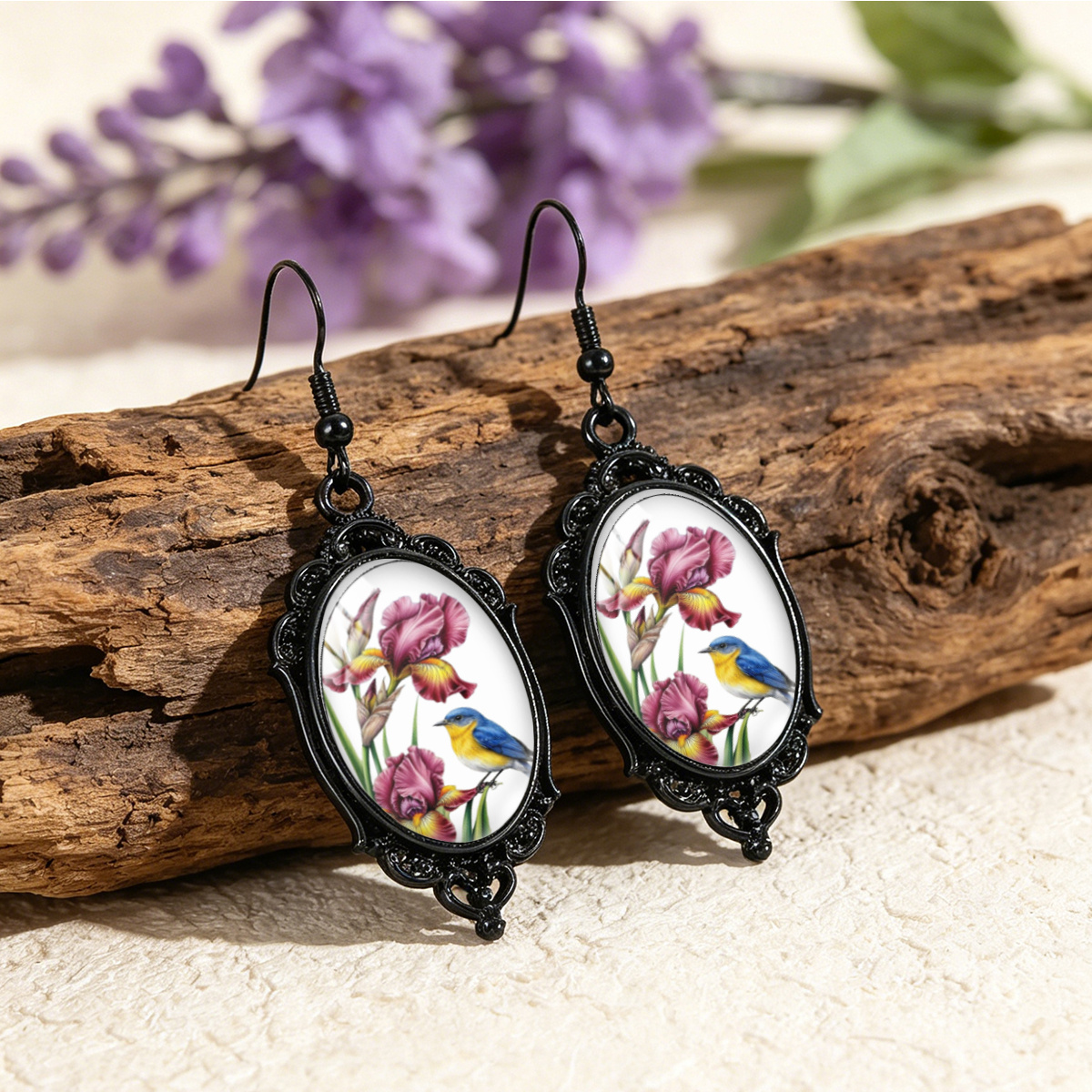 Women's Classic Purple Iris & Blue Bird Oval Earrings